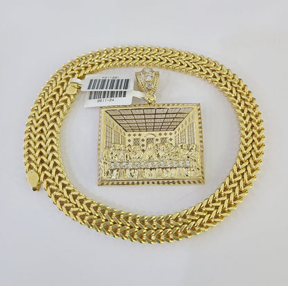 Real 10K Gold Franco Chain Last Supper Pendant Charm Necklace 20"-26" 5mm Gold SET