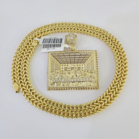 Real 10K Gold Franco Chain Last Supper Pendant Charm Necklace 20"-26" 5mm Gold SET