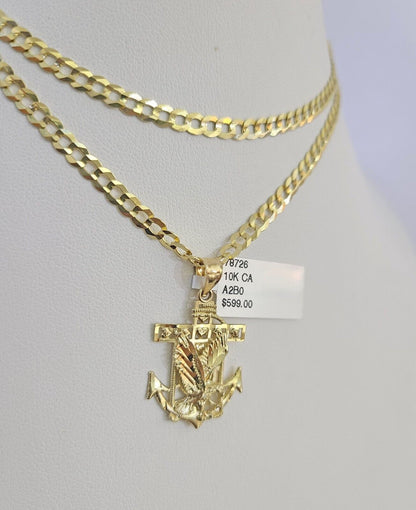 10k Gold Cuban Curb Chain Eagle Anchor Charm Solid 4mm 18"-28" SET Necklace