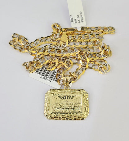 10k Solid Gold Cuban Curb Chain Last Supper Pendant 6mm 20"-30" SET Necklace
