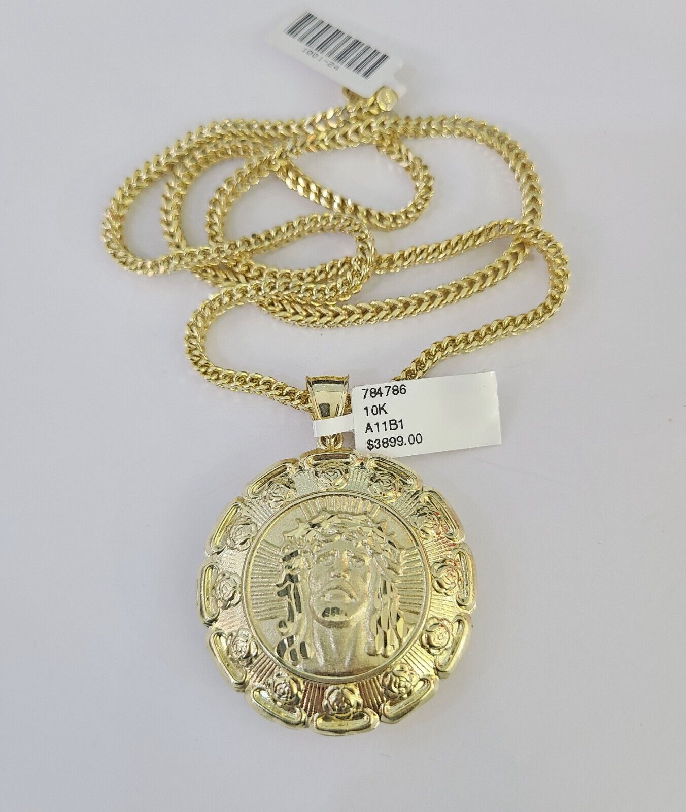 10K yellow gold Jesus and Mary pendant and Franco chain necklace set by Reva Jeweler