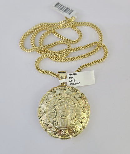 10K yellow gold Jesus and Mary pendant and Franco chain necklace set by Reva Jeweler