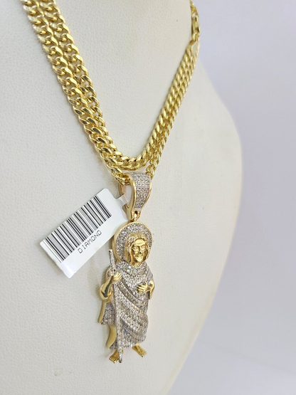 10k Miami Cuban Chain Diamond Saint Jude Charm Set 4mm 18"-28" Necklace Gold