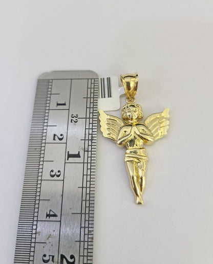 10k Solid Gold Cuban Curb Chain Praying Angel Pendant 2mm 18"-24" SET Necklace