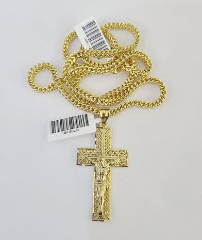 Side angle view of Franco chain necklace featuring Jesus cross pendant charm