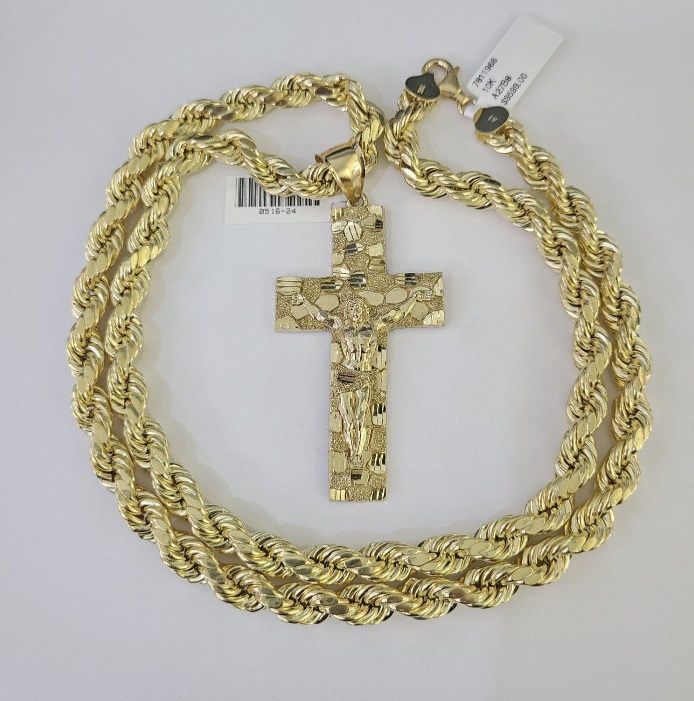 10K Yellow Gold Rope Chain Jesus Cross Pendant Set 8mm Men's Necklace 20–30 Inch Diamond Cut Religious Jewelry