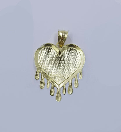 Real 10k Yellow Gold Charm Pendant Dripping heart w/ Franco Chain 18" 2mm ladies