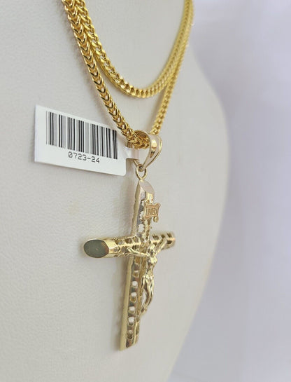 10K Gold Franco Chain Jesus Cross Charm Pendant 20-26 inches 2.5mm REAL Yellow