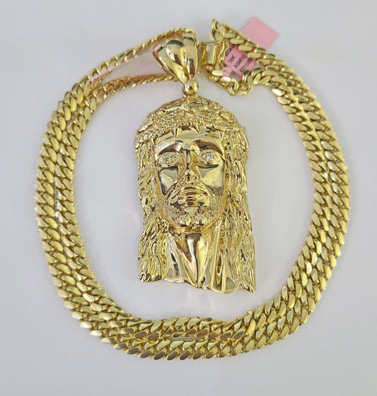 Real 14k Solid Chain Jesus Head Charm Set Miami Cuban 6mm Necklace Pendant Gold