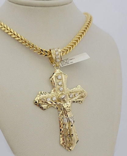 10k Yellow Gold Jesus Cross Charm Pendant 2.75 Inch Real 10kt With Stones