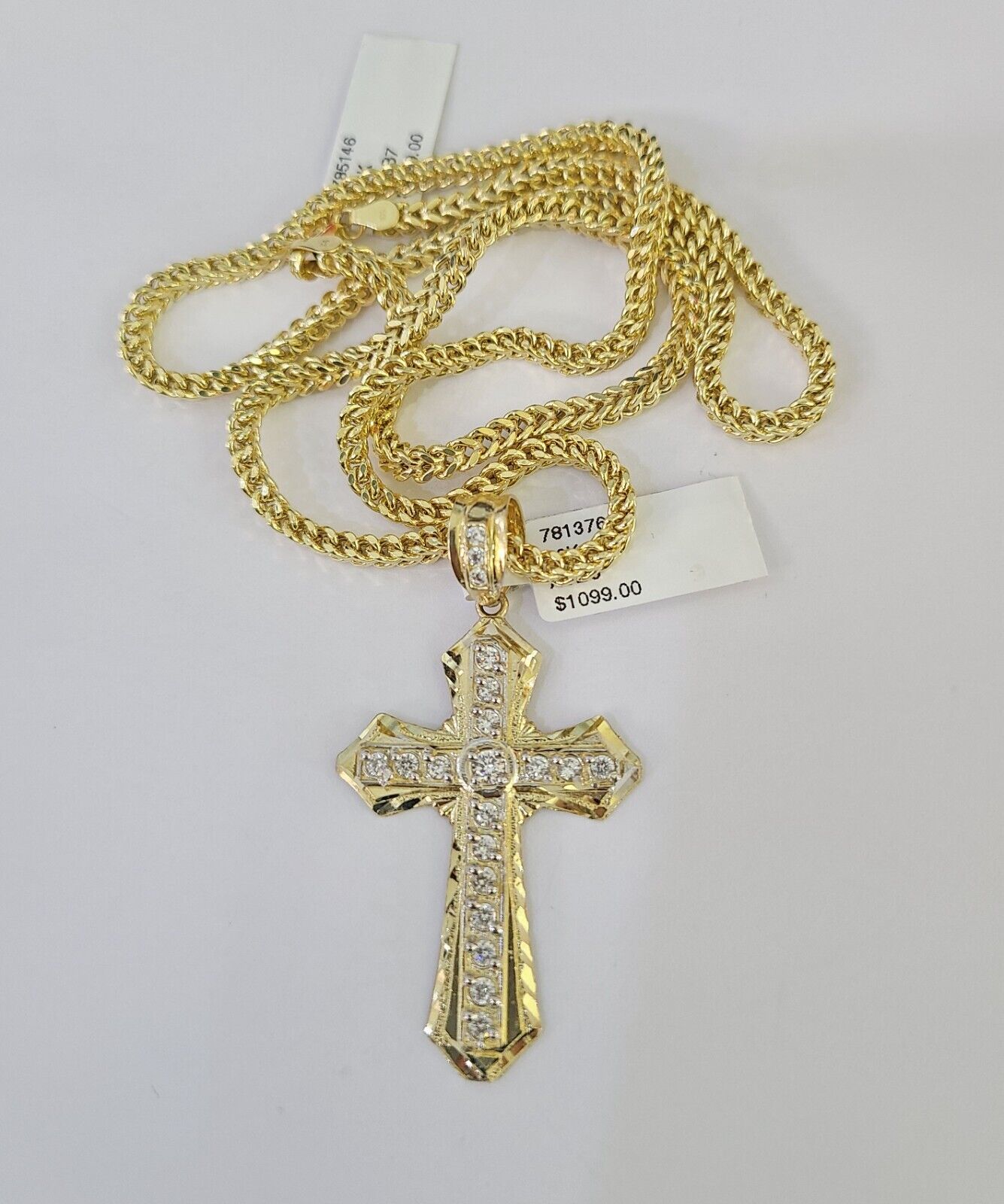 10K gold Franco chain necklace with Jesus cross pendant charm (20–26 inch, 3mm) by Reva Jeweler
