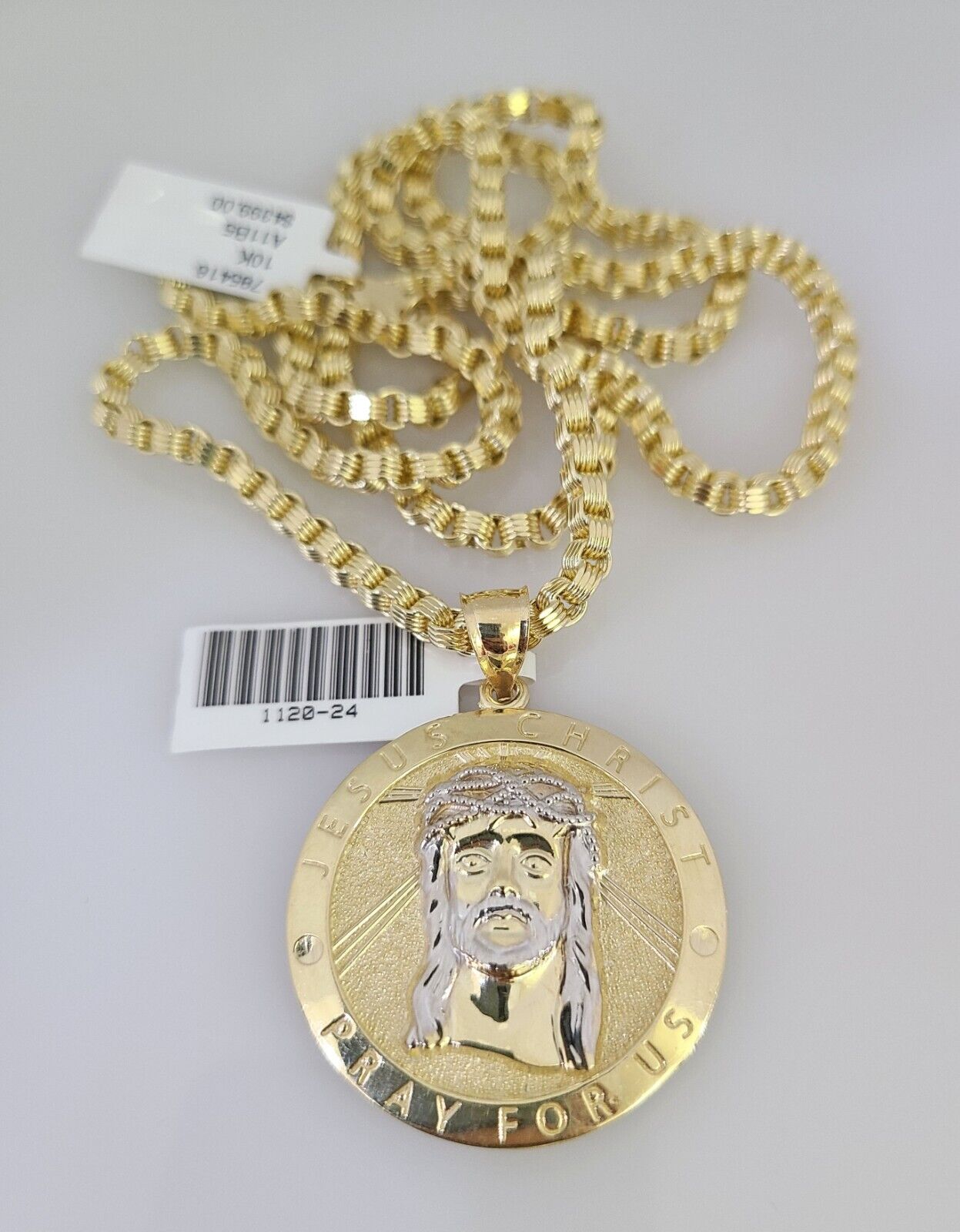 Real 10k Gold Byzantine Chain Jesus Charm Pendant SET 3mm 24 Inch Mens Necklace
