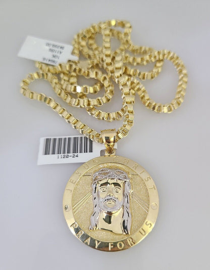 Real 10k Gold Byzantine Chain Jesus Charm Pendant SET 3mm 24 Inch Mens Necklace