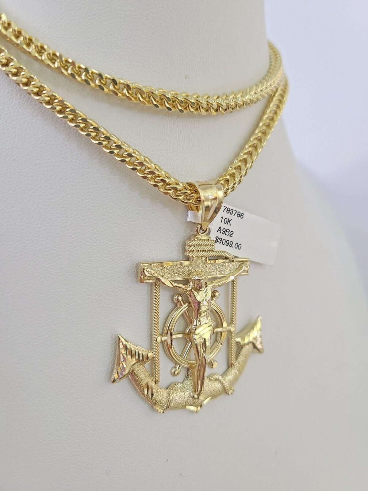 Luxury 10K gold Franco chain necklace with Jesus anchor pendant by Reva Jeweler