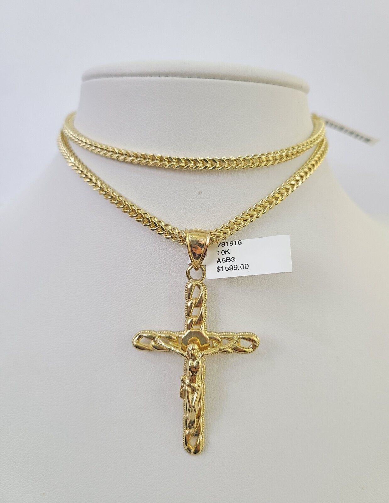 Polished 10K gold Jesus cross pendant necklace with chain links