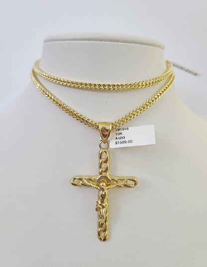 Polished 10K gold Jesus cross pendant necklace with chain links
