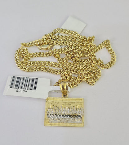 10K Gold Miami Cuban Chain Last Supper Charm 18"-28" 3mm REAL Pendant Necklace