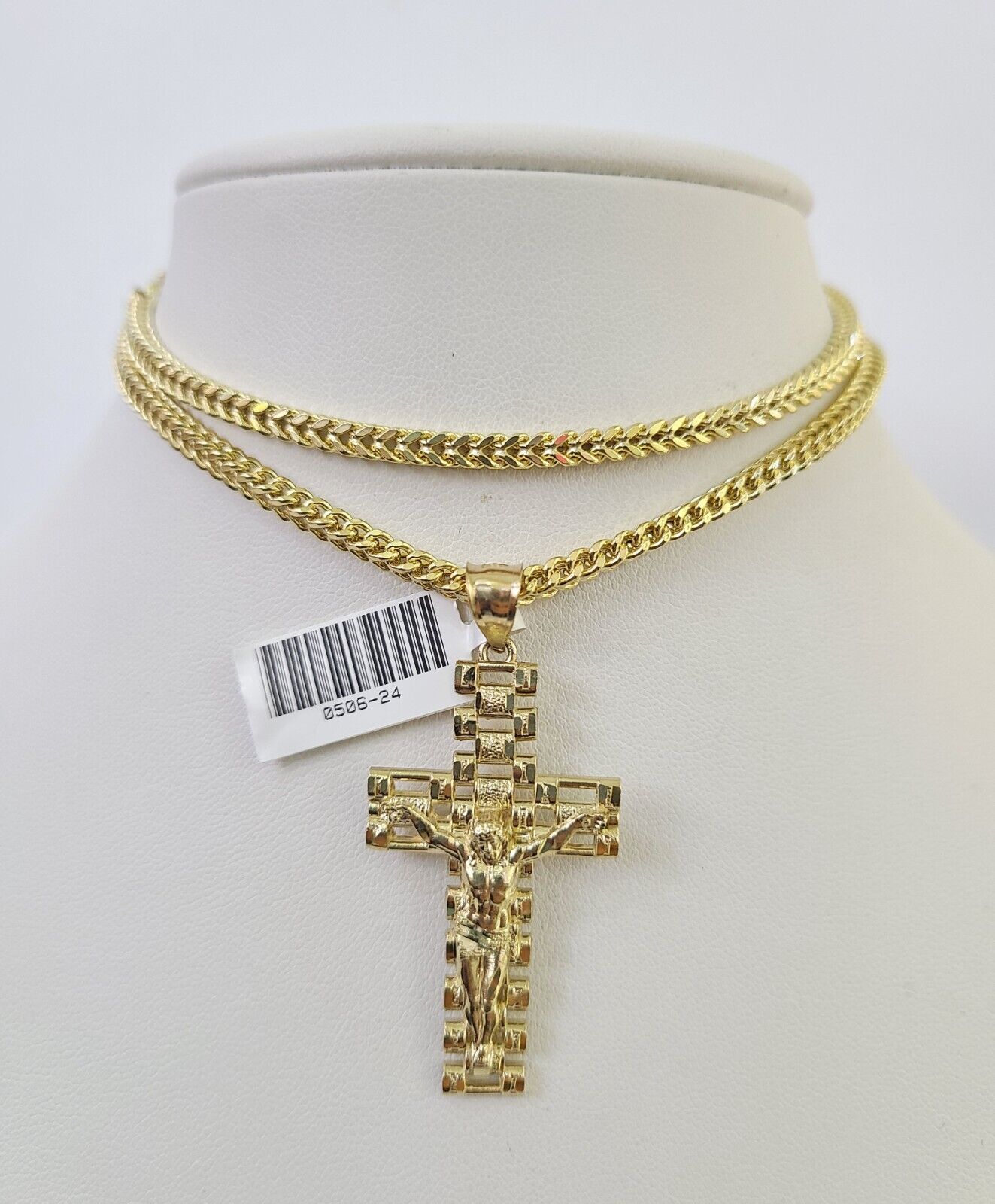 Luxury 10K gold Franco chain necklace with Jesus cross pendant by Reva Jeweler