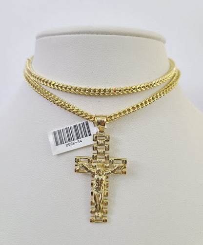 Luxury 10K gold Franco chain necklace with Jesus cross pendant by Reva Jeweler