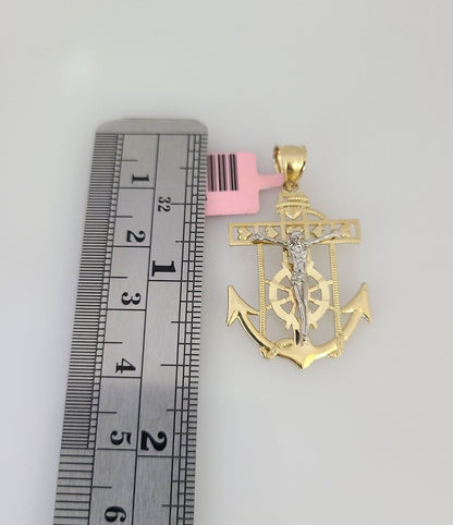 14k Gold Solid Chain Jesus Anchor Pendant Set 14kt Miami Cuban Link 3mm Charm