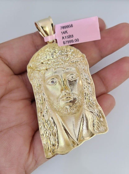 14k Gold Chain Jesus Head Charm Solid Cuban Curb 10mm 20"-30" SET Necklace