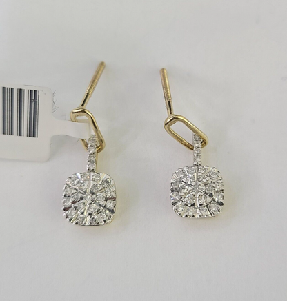 10k Diamond Cushion Earrings Ladies Drop Yellow gold Real Screw-Back studs / Women