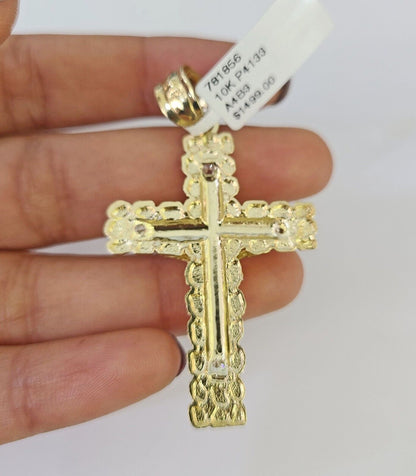 Front view of Jesus cross pendant necklace in 10K gold with Franco chain