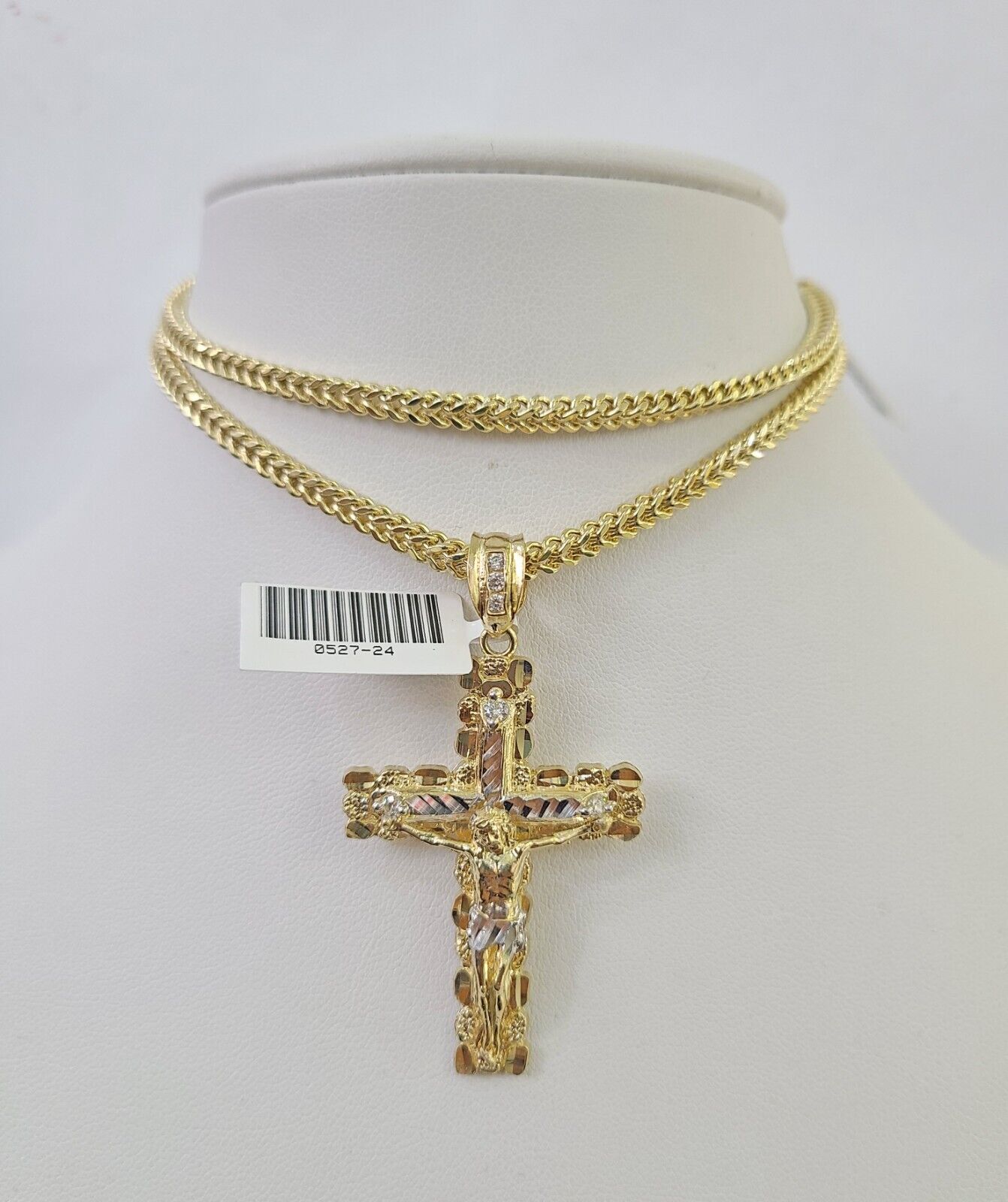 Polished 10K gold Jesus cross pendant necklace with chain links