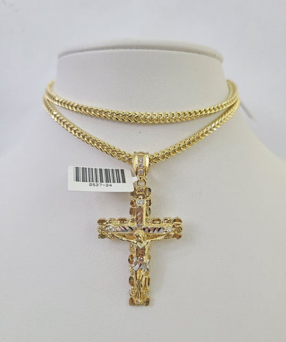 Polished 10K gold Jesus cross pendant necklace with chain links