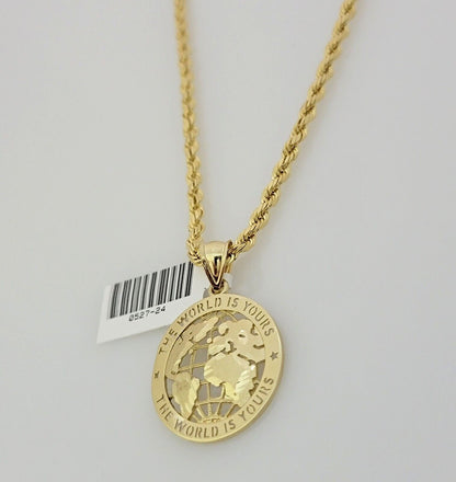 Real 10k Gold Chain Pendant SET World Is Your Charm  Rope Necklace 3mm 24 Inch