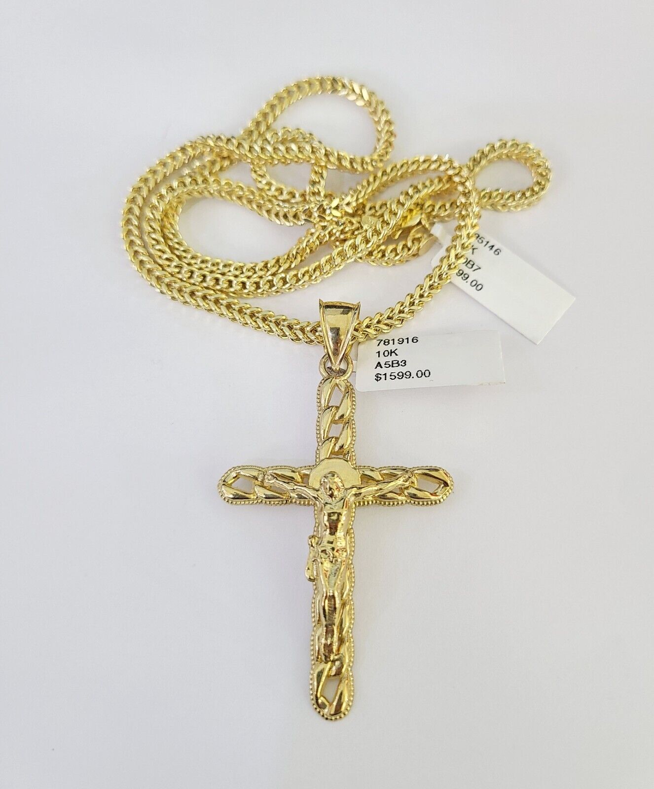 10K gold Franco chain necklace with Jesus cross pendant charm (20–26 inch, 3mm) by Reva Jeweler