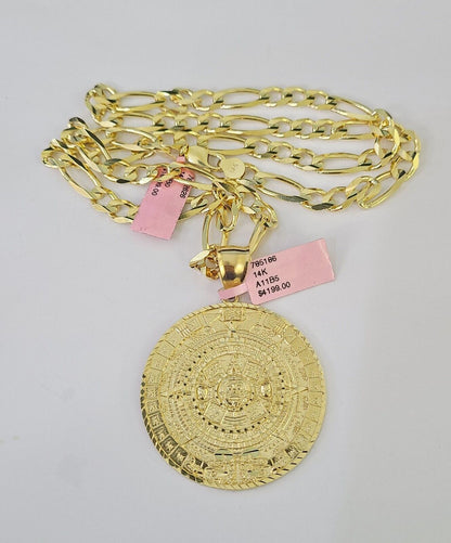 14k Figaro Chain Mayan Calendar Charm Pendant Gold 7mm 20-30 inch SET Necklace