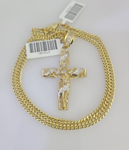Real 10k Gold Chain Pendant SET Jesus Cross Charm Miami Cuban Link Necklace 2mm