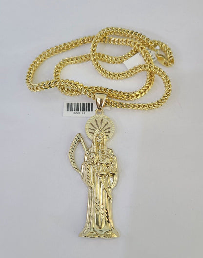 10K yellow gold Saint Reaper pendant and Franco chain necklace set by Reva Jeweler
