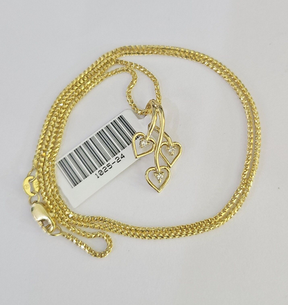 10K Solid Franco Chain Hearts Pendant Charm Necklace 16"-22" 1mm Gold Ladies