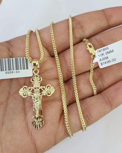 Polished 10K gold Jesus cross pendant necklace with chain links