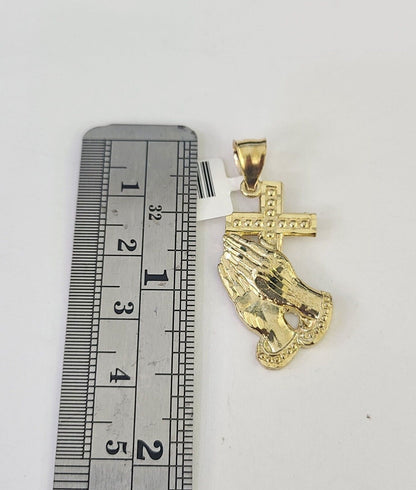 10K Gold Miami Cuban Chain Praying Hands Charm 18"-30" 3mm REAL Pendant