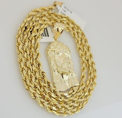 Real 10k Gold Rope Chain Pendant SET Jesus Face Charm Solid Necklace 4mm 26 Inch