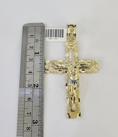 Front-facing view of Reva Jeweler 10K gold cross pendant and chain