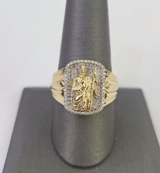 Real 10k Diamond Mens Ring Saint Jude Band Yellow Gold Casual Genuine Natural