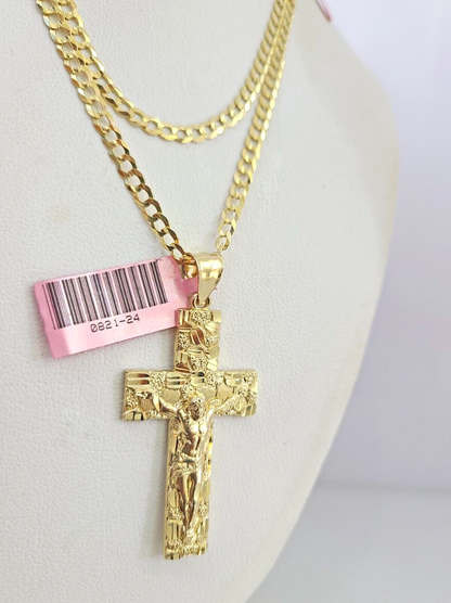 Real 14k Gold Chain Jesus Cross Pendant Set 14kt Cuban Curb Chain 4mm Charm