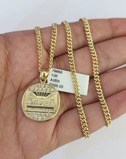 10K Gold Miami Cuban Chain Last Supper Charm 18"-28" 3mm Pendant Necklace SET