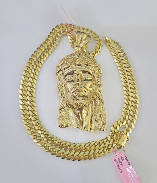 Real 14k Solid Gold Chain Jesus Head Pendant Charm SET Miami Cuban Link 6mm Necklace