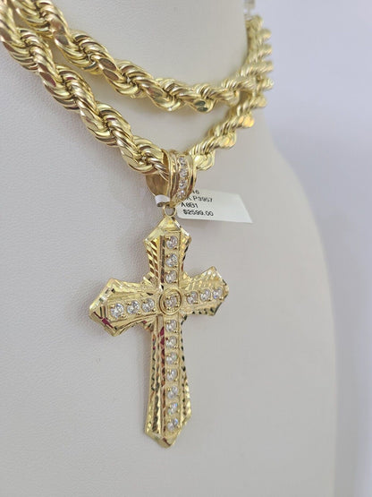 Men's 10K Yellow Gold Jesus Cross Necklace 8mm Rope Chain 20–30 Inch Religious Gift Jewelry