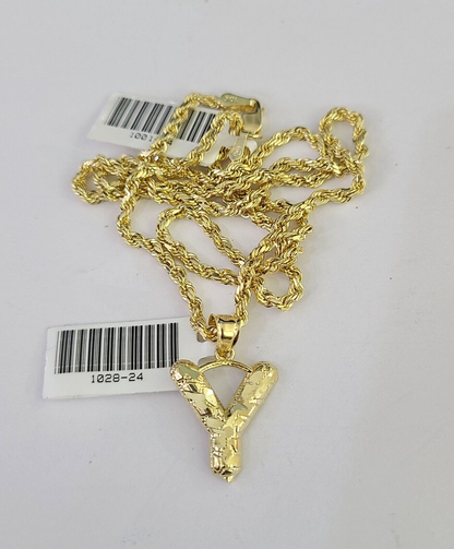 10k Gold Initial Y Charm Rope Chain 16"-26" 2.5mm SET Necklace Alphabet Pendant