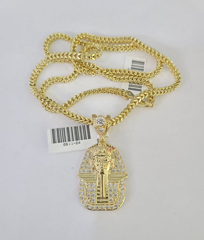 10K Franco Chain Pharaoh Pendant Charm Necklace 20"-26" 3mm Gold Yellow SET