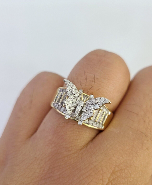 Real 10k Butterfly Diamond Ladies Ring Women Casual 10Kt Yellow Gold All Sizes