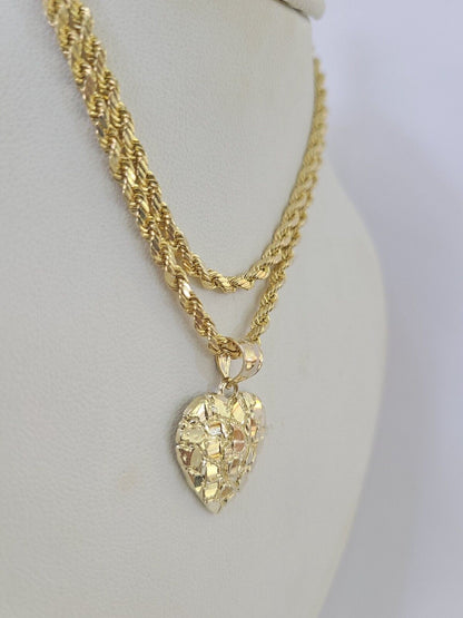 Real 10k Rope Chain Nugget Heart Charm Pendant SET Necklace 3mm 18"-24" Ladies