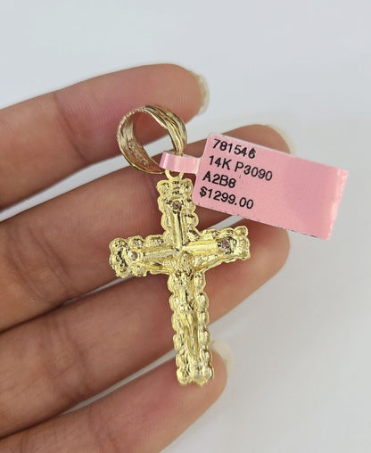 Real 14k Solid Chain Cross Charm Set Miami Cuban Link 3mm Necklace Pendant Gold