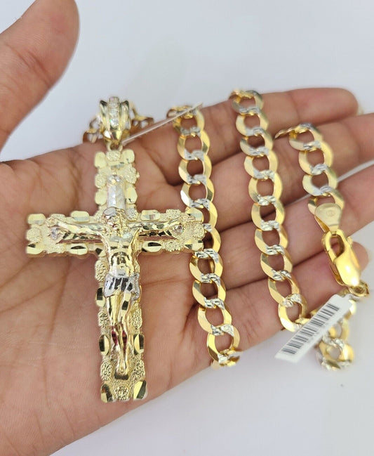 Full view of the Reva Jeweler 10k gold Cuban curb chain necklace with cross pendant